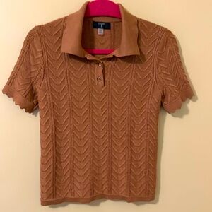 Tahari Cropped Polo Sweater with Scalloped Short Sleeves Caramel Brown Size M